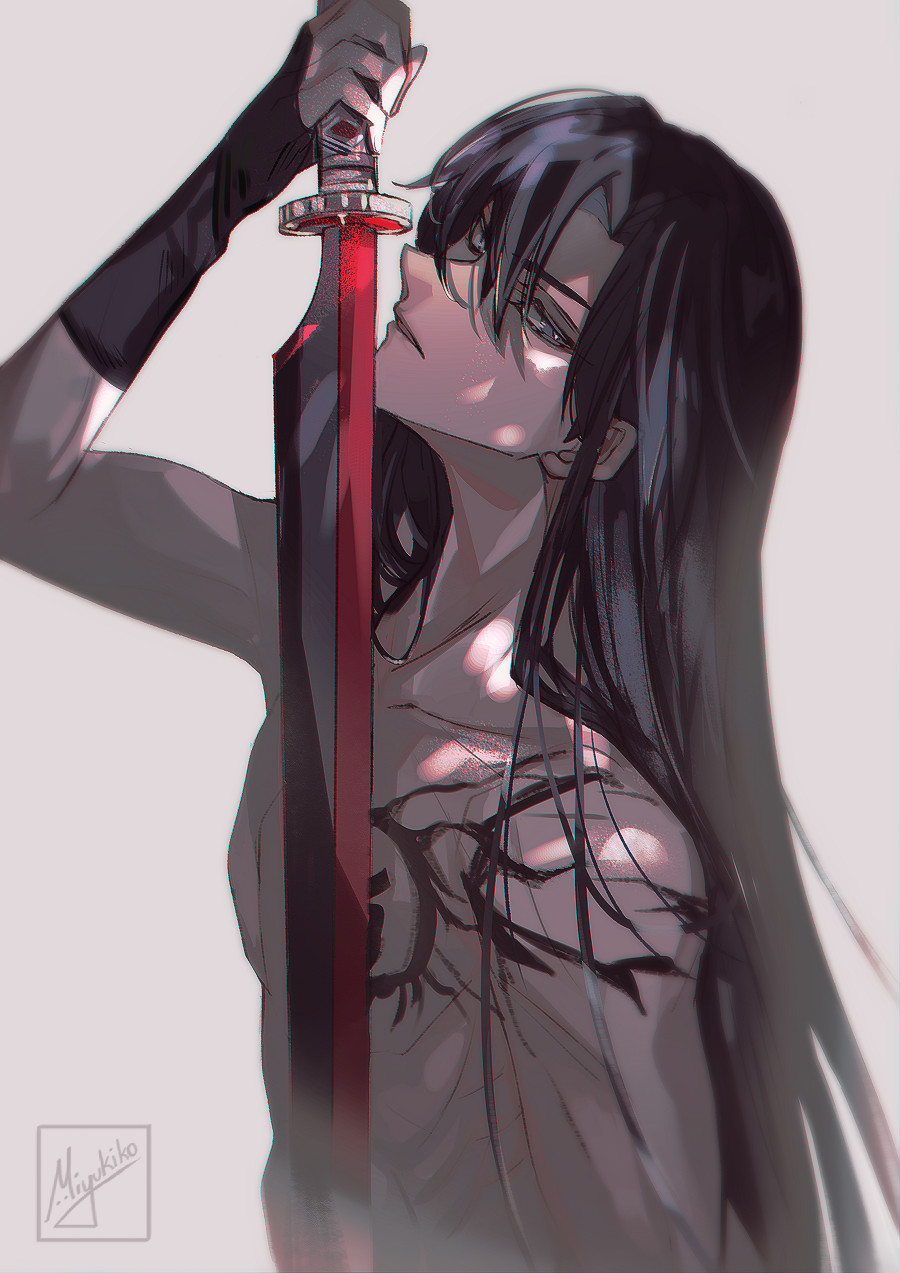 1boy black_gloves black_hair blue_eyes chest_markings d.gray-man expressionless facing_away gloves grey_background highres holding holding_sword holding_weapon kanda_yuu long_hair looking_at_viewer male_focus miyukiko parted_lips ponytail profile signature solo sword topless_male upper_body weapon