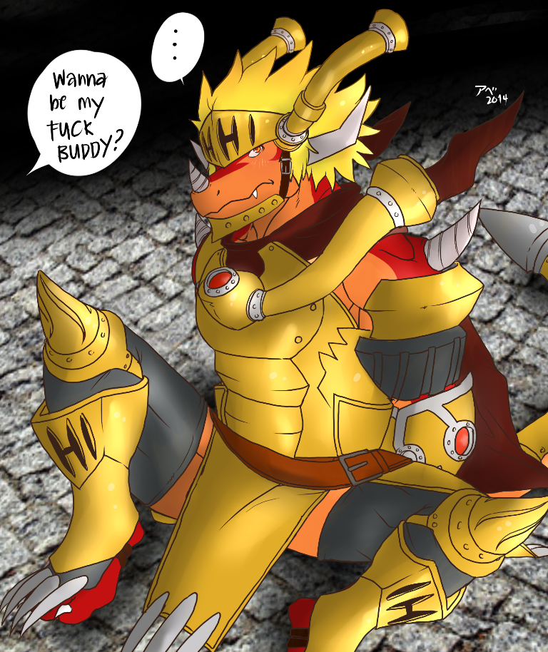 2014 anthro armor belt biceps blonde_hair blush buddyfight cape claws clothing dragon drum_(buddyfight) english_text fang_slade fangs hair helmet hentist horn looking_at_viewer male muscles orange_eyes orange_skin pecs plain_background pose red_dragon red_skin reptile scales scalie sitting solo spread_legs spreading teeth text toe_claws