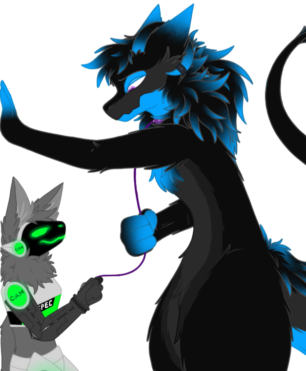 alpha_channel anthro biped black_body black_fur black_hair blue_body blue_fur blue_hair c.a.m. canid canine canis cybernetic_arm cybernetic_hand cybernetic_limb cybernetics digital_drawing_(artwork) digital_media_(artwork) digitigrade duo duo_focus fingers fluffy fluffy_ears fluffy_tail fur glowing glowing_body glowing_eyes green_body green_eyes grey_body grey_fur group hair holding_leash holding_object horn itzexelise_(jamie_the_wicker) jackal kytcrafts leash machine male male/male mammal metal metallic_body military neck_tuft prosthetic prosthetic_arm prosthetic_hand prosthetic_limb protogen protogen_armor protogen_face protogen_visor protogenized purple_eyes raised_tail robotic robotic_arm robotic_hand robotic_limb screen screen_face simple_background size_difference smile special_forces standing tail transparent_background tuft wickerbeast yuri_chacal