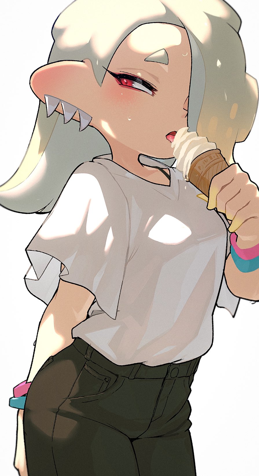 1girl black_pants commentary_request earrings eyelashes food hair_over_one_eye high-waist_pants highres holding holding_food holding_ice_cream ice_cream jewelry kashu_(hizake) licking medium_hair multiple_earrings octoling open_mouth pants red_eyes shirt shiver_(splatoon) simple_background solo splatoon_(series) splatoon_3 tentacle_hair thick_eyebrows tooth_earrings white_background white_hair white_shirt