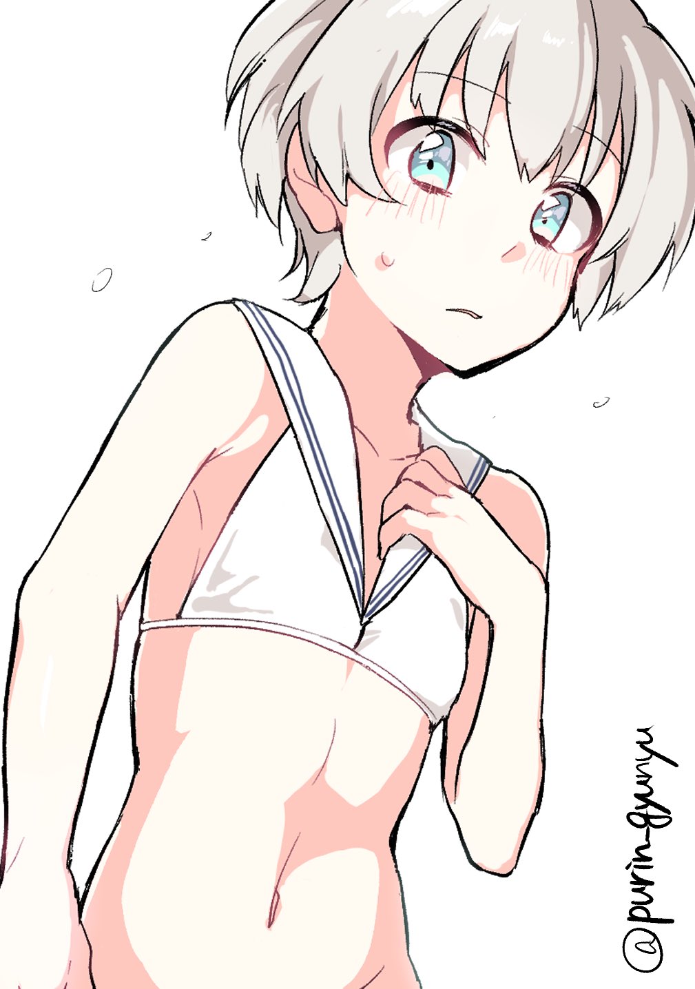 1girl bikini blue_eyes flat_chest grey_hair hand_on_own_chest highres kantai_collection navel niina_(purin_gyunyu) one-hour_drawing_challenge sailor_bikini sailor_collar short_hair simple_background solo swimsuit twitter_username upper_body white_background white_bikini white_sailor_collar z1_leberecht_maass_(kancolle)