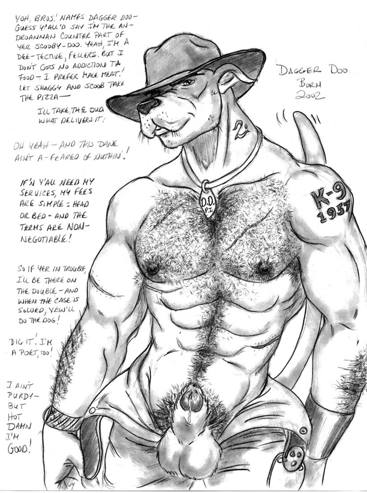 barazoku biceps borni canine chest clothing cum dagger_doo dog flaccid great_dane greyscale hairy hat looking_at_viewer male mammal monochrome muscles nipples open_pants pants pecs penis redneck solo tattoo text topless