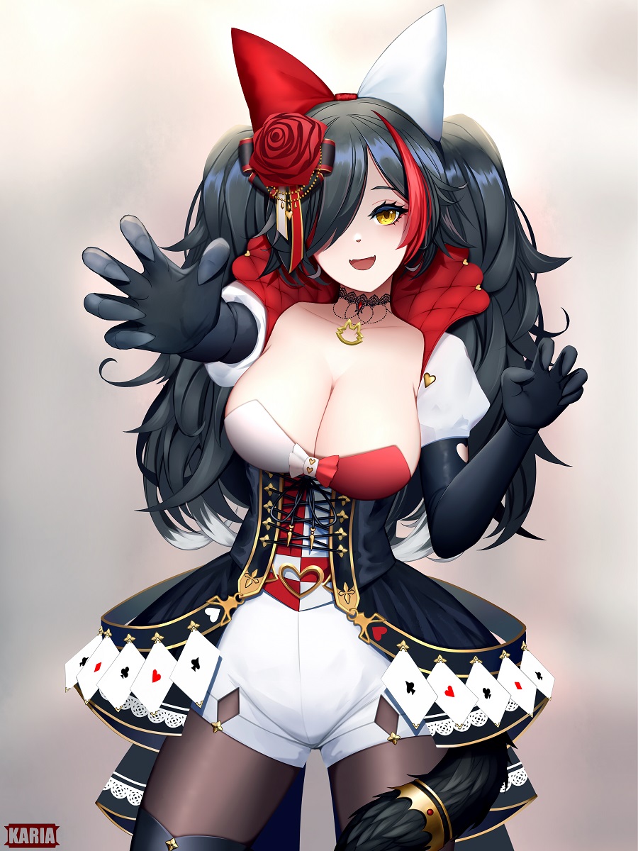 1girl animal_ears artist_name black_choker black_corset black_gloves black_hair black_pantyhose blush breasts card choker claw_pose cleavage corset cross-laced_clothes cross-laced_dress ear_covers elbow_gloves flower gloved_sleeves gloves hair_flower hair_ornament hair_over_one_eye highres hololive jewelry karia lace lace_choker large_breasts long_hair looking_at_viewer multicolored_hair necklace ookami_mio ookami_mio_(wonderland) pantyhose pantyhose_under_shorts playing_card playing_card_theme queen_(playing_card) queen_of_hearts_(playing_card) shorts smile solo streaked_hair tail tail_around_own_leg tail_crown tail_wrap twintails two-tone_dress underbust virtual_youtuber wolf_ears wolf_girl wolf_tail yellow_eyes