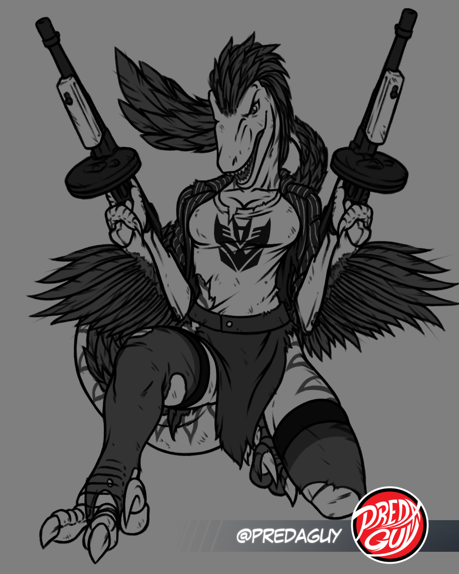 anthro anthrosaurs battle_damage bottomwear clothing decepticon_insignia dinosaur dromaeosaurid dual_wielding feather_hair feathered_arms feathered_crest feathered_dinosaur feathered_tail feathered_wings feathers female gun head_crest holding_object holding_weapon legwear looking_at_viewer markings open_mouth pin_stripes predaguy pseudo_hair ranged_weapon raptor_claws reptile scalie shirt skirt snarling solo stockings striped_body striped_markings striped_tail stripes submachine_gun suit_jacket t-shirt t-shirt_design tail tail_markings theropod thompson_gun topwear torn_bottomwear torn_clothing torn_legwear torn_shirt torn_stockings torn_topwear uthalla velociraptor weapon wings
