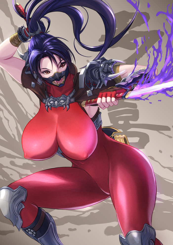 1girl arm_guards armor black_hair bodysuit breasts brown_eyes covered_nipples ema_(emaura) fingerless_gloves gloves impossible_bodysuit impossible_clothes kodachi large_breasts long_hair ninja ponytail red_bodysuit short_sword shoulder_armor skin_tight sleeveless sleeveless_bodysuit solo soulcalibur sword sword_behind_back taki_(soulcalibur) weapon