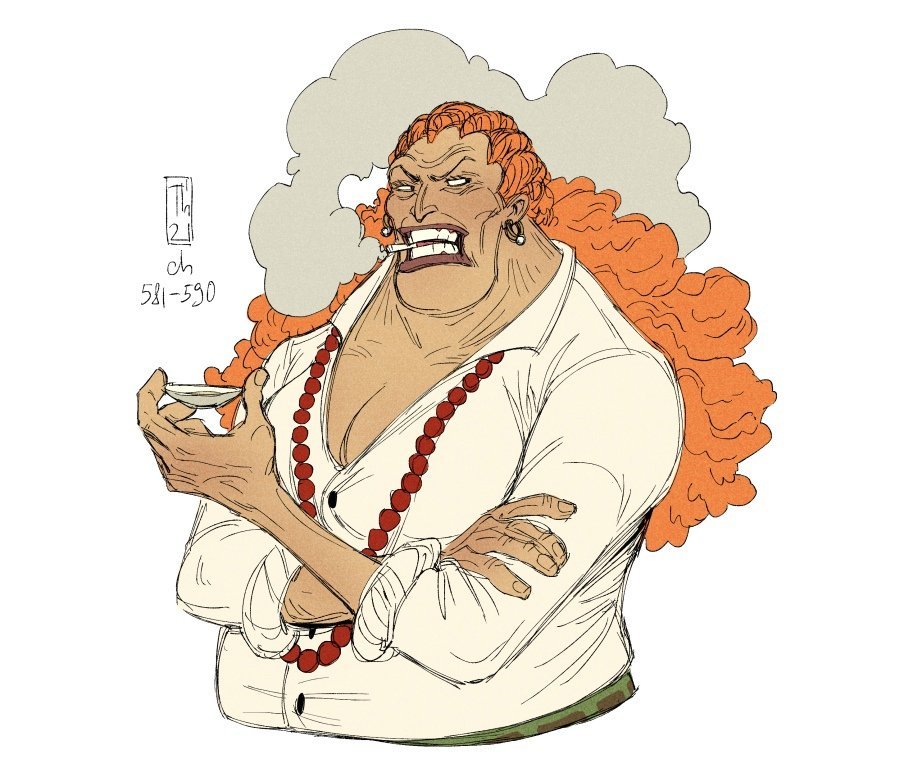 1girl bead_necklace beads breasts cleavage cropped_torso cup curly_dadan frown holding holding_cup jewelry large_breasts long_hair looking_at_viewer necklace old old_woman one_piece orange_hair sakazuki sideways_glance smoke smoking solo tench thick_neck wrinkled_skin