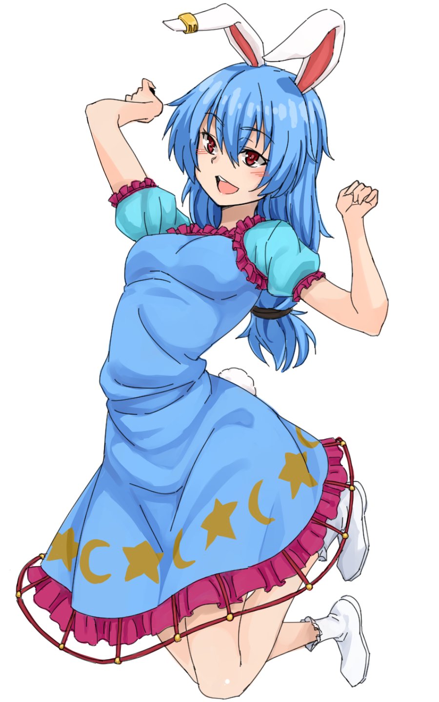 1girl animal_ears blue_dress blue_hair blush crescent_print dress earclip full_body highres kakone long_hair looking_at_viewer low_twintails open_mouth rabbit_ears rabbit_girl rabbit_tail red_eyes seiran_(touhou) short_sleeves simple_background solo star_(symbol) star_print tail teeth touhou twintails upper_teeth_only white_background white_footwear