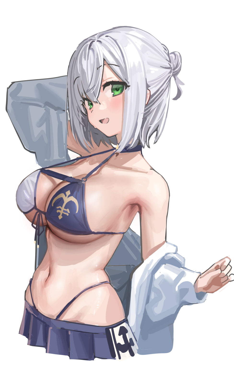 1girl arm_up bare_shoulders bikini bikini_skirt blue_bikini breasts chest_belt commentary_request front-tie_bikini_top front-tie_top green_eyes grey_hair hair_between_eyes highleg highleg_bikini highres hololive kanzarin large_breasts looking_at_viewer navel off_shoulder official_alternate_costume open_clothes open_mouth open_shirt parted_bangs pleated_skirt shirogane_noel shirogane_noel_(summer_2020) shirt short_hair simple_background skirt smile solo stomach swimsuit two-tone_bikini upper_body virtual_youtuber white_background white_bikini white_shirt