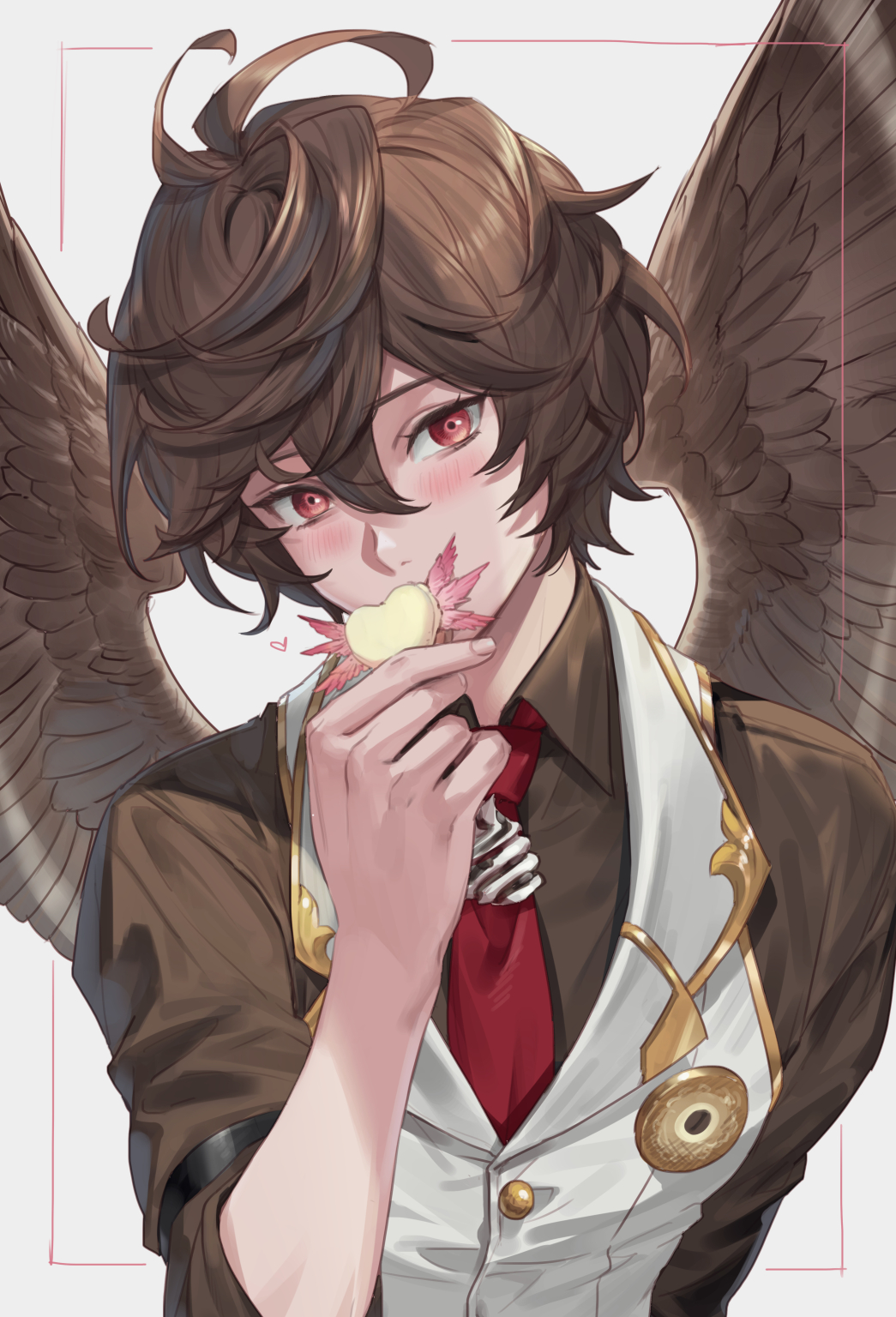 1boy ahoge bishounen brown_hair brown_shirt brown_wings candy chocolate commentary commentary_request covered_mouth covering_own_mouth cowboy_shot dress_shirt feathered_wings food granblue_fantasy grey_background hair_between_eyes hand_on_own_face heart heart-shaped_chocolate highres light_blush looking_at_viewer male_focus messy_hair necktie official_alternate_costume pink_wings red_eyes red_necktie sandalphon_(granblue_fantasy) shirt short_hair sleeves_rolled_up tki upper_body vest white_vest wings