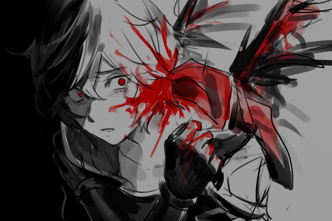 1boy ahoge bishounen blood blood_on_clothes blood_on_face blood_on_hands blood_splatter clenched_hand commentary commentary_request cowboy_shot empty_eyes gloves granblue_fantasy greyscale guro hair_between_eyes hood hood_down limited_palette messy_hair monochrome parted_lips red_eyes sandalphon_(granblue_fantasy) scared short_hair sketch spot_color tki upper_body
