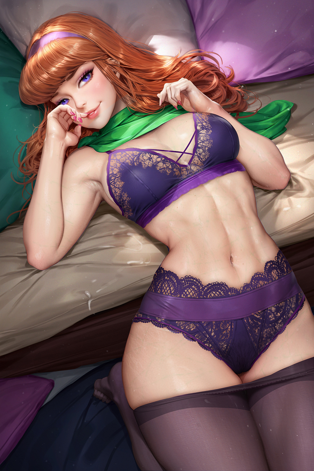 armpits bed bra breasts brown_hair cleavage clothes_pull commentary daphne_ann_blake fingernails green_scarf hairband highres lace-trimmed_bra lace-trimmed_panties lace_trim lingerie long_fingernails long_hair looking_at_viewer mixed-language_commentary neoartcore paid_reward_available panties pantyhose pantyhose_pull parted_lips pillow pink_nails purple_bra purple_eyes purple_hairband purple_panties scarf scooby-doo smile toned underwear