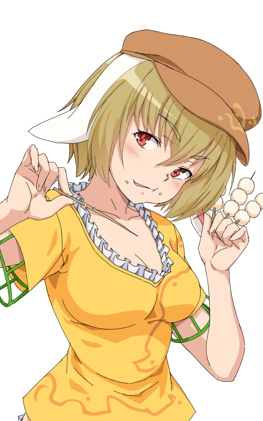 1girl animal_ears blonde_hair breasts brown_eyes cabbie_hat cleavage commentary_request dango floppy_ears food hat highres holding holding_food kakone large_breasts long_hair looking_at_viewer orange_shirt rabbit_ears rabbit_girl ringo_(touhou) shirt short_sleeves simple_background solo touhou upper_body wagashi white_background