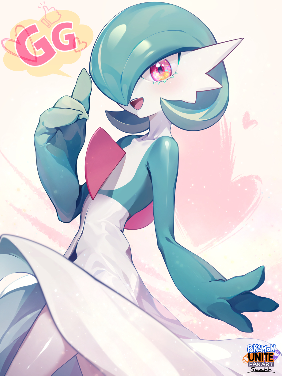 1other :d blush colored_skin copyright_name flipped_hair gardevoir green_hair hand_up happy heart highres medium_hair open_mouth pink_eyes pokemon pokemon_(creature) pokemon_unite smile solo speech_bubble suahh teeth thumbs_up_emoji tongue upper_teeth_only white_skin
