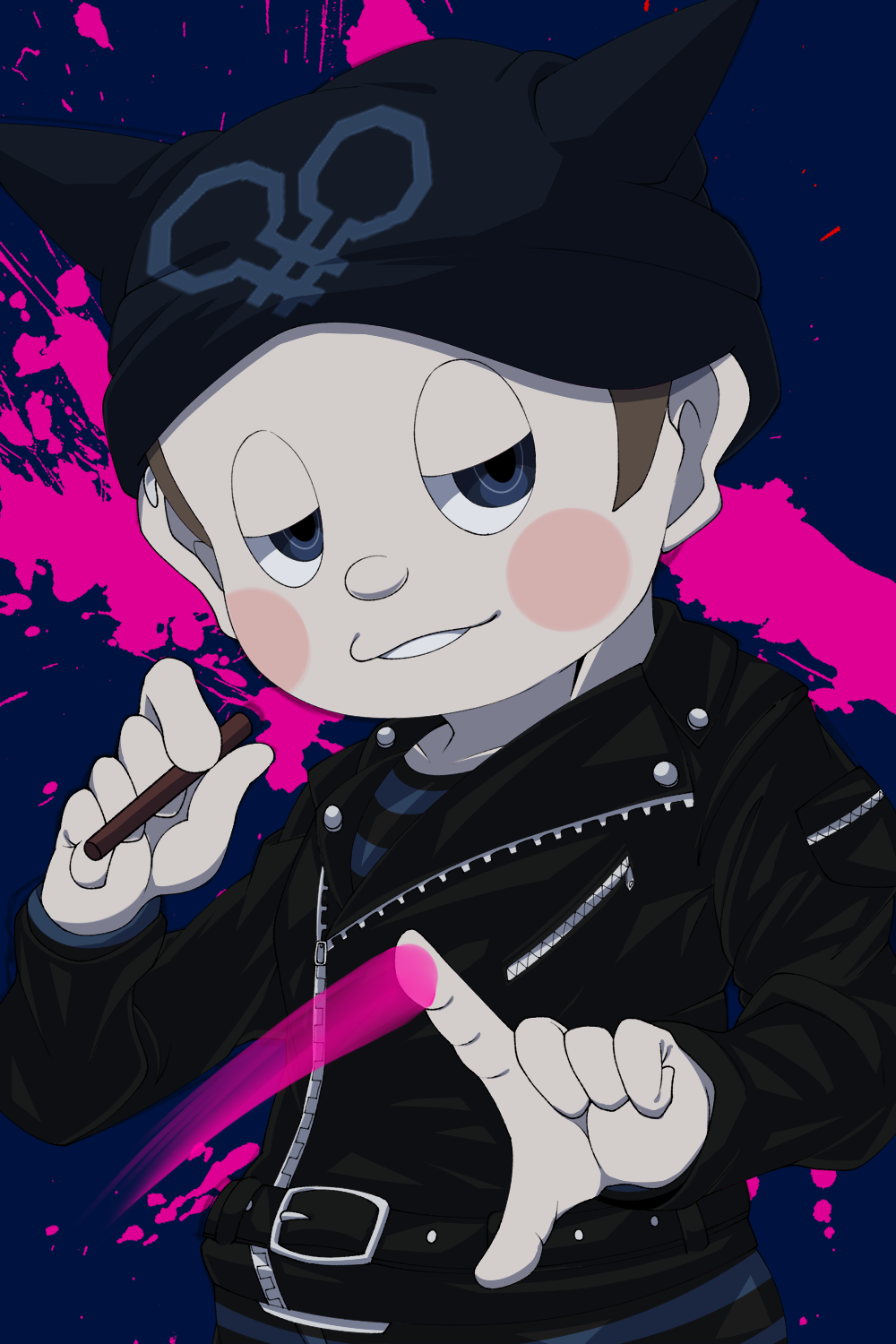1boy animal_ear_headwear animal_ears belt belt_buckle black_belt black_hat black_jacket black_pants black_shirt black_sleeves blood blood_splatter blue_background blue_eyes blue_pants blue_shirt blush_stickers brown_hair buckle buttons cat_ears cigarette collared_jacket commentary_request cowboy_shot danganronpa_(series) danganronpa_v3:_killing_harmony fake_animal_ears half-closed_eyes highres holding holding_cigarette hoshi_ryoma jacket layered_sleeves leather leather_jacket long_sleeves looking_at_viewer male_focus nurumayu_(nelfee) pants parted_lips pink_blood pocket romaji_commentary shirt short_hair simple_background smile solo striped_clothes striped_pants striped_shirt teeth two-tone_pants two-tone_shirt very_short_hair wiping_blood zipper zipper_pull_tab