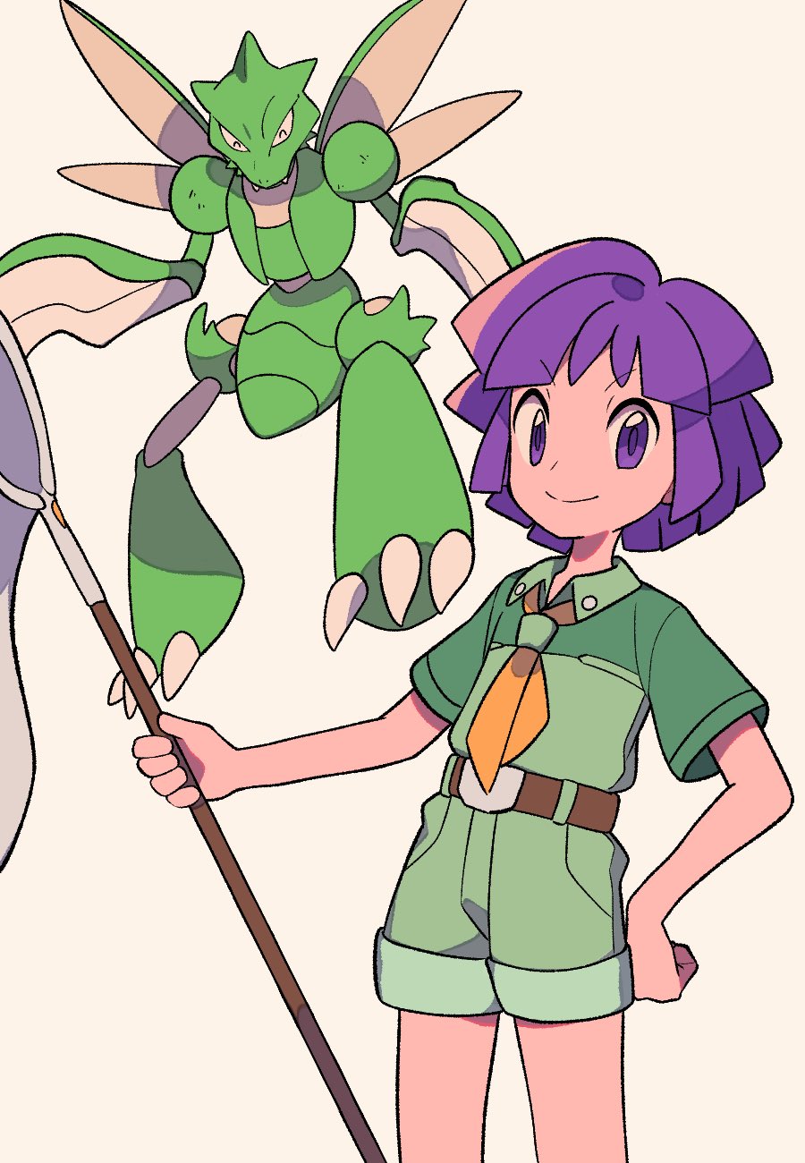 1boy belt belt_buckle brown_belt buckle bugsy_(pokemon) butterfly_net closed_mouth collared_shirt commentary_request green_shirt green_shorts hand_net hand_on_own_hip highres holding holding_butterfly_net male_focus pokemon pokemon_(creature) pokemon_hgss purple_eyes purple_hair scyther shirt short_hair short_sleeves shorts smile tyako_089
