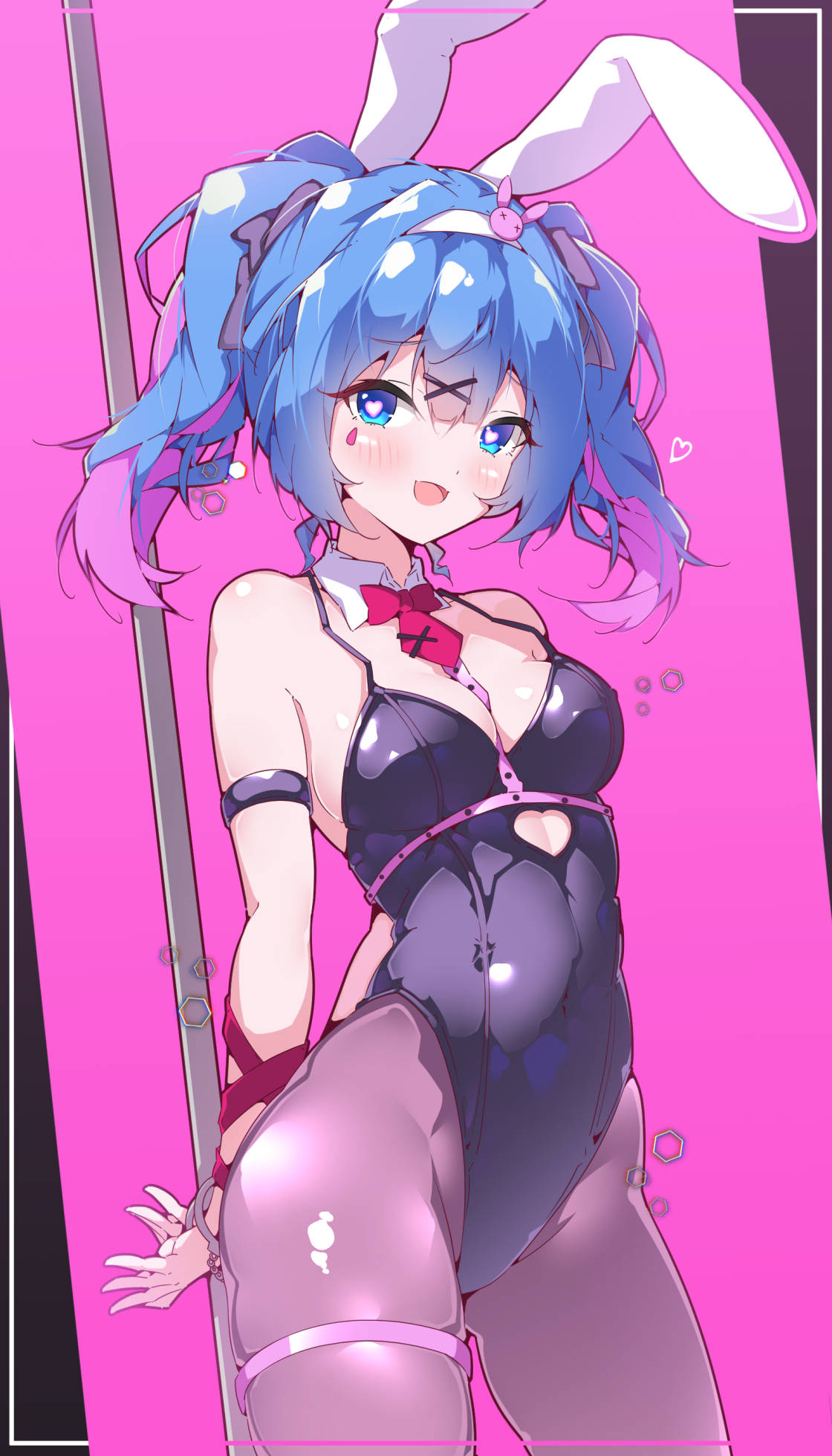 1girl ace_(playing_card) ace_of_hearts animal_ears arms_behind_back bare_shoulders black_leotard blue_eyes blue_hair blush bow bowtie breasts card clothing_cutout cuffs cutout_above_navel detached_collar fake_animal_ears hair_ornament halkawa501 handcuffs hatsune_miku heart heart-shaped_pupils heart_cutout highres leotard looking_at_viewer medium_breasts object_in_bra open_mouth pantyhose pink_background pink_pupils playboy_bunny playing_card pole rabbit_ears rabbit_hole_(vocaloid) simple_background smile solo stomach_cutout stripper_pole symbol-shaped_pupils teardrop_facial_mark twintails vocaloid x_hair_ornament
