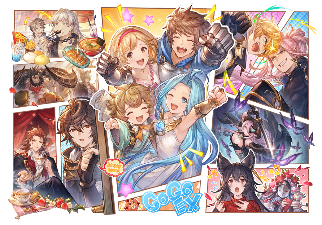 5girls 6+boys arm_up armor armpits beard belt bishounen black_hair blonde_hair blue_eyes blue_hair bracelet breasts brown_eyes brown_hair bubble_tea bug butterfly cassius_(granblue_fantasy) chopsticks cleavage clenched_hand closed_eyes cookie crossed_legs cup death_(granblue_fantasy) djeeta_(granblue_fantasy) draph dress eating empty_eyes energy english_text erune facial_hair falling_petals feather_(granblue_fantasy) fingerless_gloves floating_clothes floating_hair flying_sweatdrops food french_fries fruit gauntlets glasses gloves gran_(granblue_fantasy) granblue_fantasy green_eyes grin headbutt heart holding holding_chopsticks holding_cup holding_sword holding_weapon hood hood_down isaac_(granblue_fantasy) jewelry light_blush long_hair looking_at_viewer lyria_(granblue_fantasy) medium_hair messy_hair minaba_hideo mugen_(granblue_fantasy) multicolored_background multiple_boys multiple_girls multiple_views musical_note narmaya_(granblue_fantasy) nehan_(granblue_fantasy) nier_(granblue_fantasy) noodles official_alternate_costume official_art one_eye_closed open_mouth paneled_background parted_lips percival_(granblue_fantasy) petals pink_hair purple_butterfly ramen randall_(granblue_fantasy) reaching reaching_towards_viewer red_eyes red_hair sandalphon_(granblue_fantasy) short_hair sierokarte smile spoken_heart spoken_musical_note star_(symbol) strawberry suit sweater sword tea thinking third-party_source transparent_background turtleneck turtleneck_sweater vyrn_(granblue_fantasy) weapon white_dress white_hair