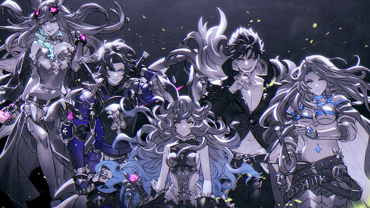 2boys 3girls arm_up armor backlighting bare_shoulders belial_(granblue_fantasy) belt bishounen blue_armor blue_eyes bracelet breasts bridal_gauntlets brown_eyes cleavage commentary commentary_request erune evil_smile expressionless facing_viewer ferry_(granblue_fantasy) floating_clothes floating_hair gauntlets gloves glowing glowing_eyes granblue_fantasy granblue_fantasy_versus grey_eyes greyscale hand_on_own_face holding holding_sword holding_weapon jewelry katalina_(granblue_fantasy) lancelot_(granblue_fantasy) light_particles light_smile limited_palette long_hair looking_at_viewer medium_breasts messy_hair metera_(granblue_fantasy) midriff minaba_hideo monochrome multiple_boys multiple_girls official_art parted_bangs pectorals red_eyes seductive_smile see-through see-through_shirt see-through_sleeves short_hair shoulder_armor sideboob small_breasts smile spot_color sword very_long_hair weapon
