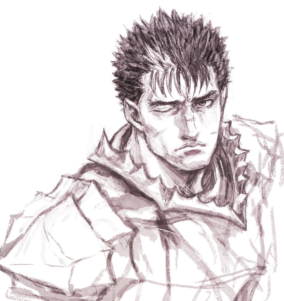 1boy berserk commentary_request expressionless greyscale guts_(berserk) iwamoto_tatsurou male_focus monochrome multicolored_hair one_eye_closed scar scar_on_face simple_background sketch solo spiked_hair two-tone_hair upper_body