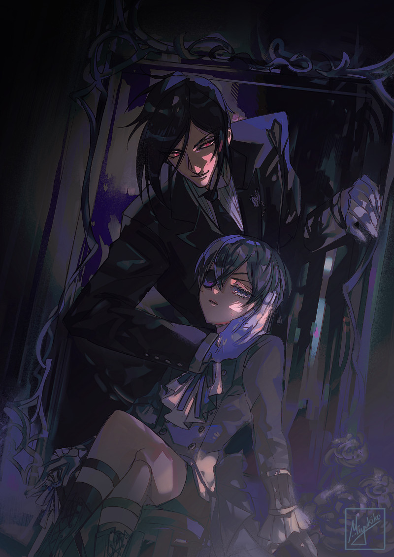 2boys ascot black_hair black_necktie black_shorts black_suit blue_eyes blue_hair boots butler child ciel_phantomhive collar commentary_request cross-laced_footwear crossed_legs eyepatch flower frilled_collar frills gloves glowing glowing_eyes jewelry knee_boots kuroshitsuji lace-up_boots lolita_fashion looking_at_viewer male_focus miyukiko multiple_boys necktie out_of_frame red_eyes ribbon rose sebastian_michaelis short_hair shorts signature sitting smile suit white_ascot white_gloves