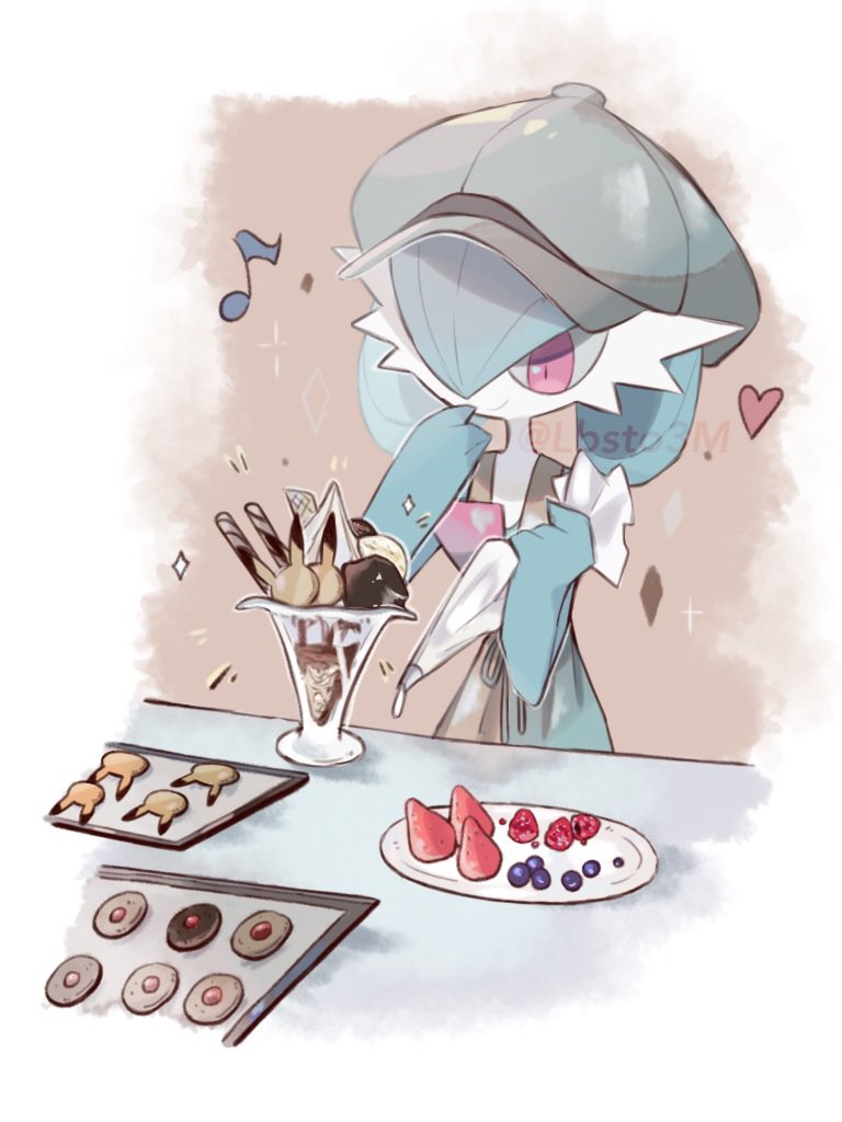 alternate_color baking_sheet blue_hair cookie food fruit gardevoir gardevoir_(cafe) hair_over_one_eye hat heart holding_pastry_bag musical_note parfait pastry pastry_bag pokemon pokemon_(creature) pokemon_unite shiny_pokemon simple_background smile strawberry suramo_(lbsto3m)