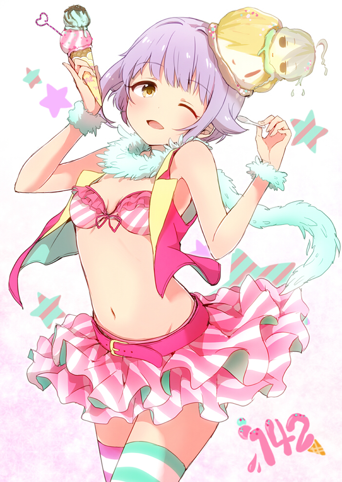 1girl asymmetrical_legwear belt bikini blush breasts brown_eyes cowboy_shot cropped_jacket dot_nose food fur_bracelet fur_scarf gradient_background green_thighhighs hair_flaps hair_intakes hands_up holding holding_food holding_ice_cream holding_spoon hoshi_syoko ice_cream idolmaster idolmaster_cinderella_girls idolmaster_cinderella_girls_starlight_stage jacket koshimizu_sachiko layered_skirt looking_at_viewer midriff miniskirt mismatched_legwear navel numahito one_eye_closed open_clothes open_jacket open_mouth pink_belt pink_bikini pink_jacket pink_skirt pink_thighhighs purple_hair shirasaka_koume short_hair skirt sleeveless sleeveless_jacket small_breasts smile solo spoon standing starry_background striped_bikini striped_clothes striped_skirt striped_thighhighs swimsuit thighhighs zettai_ryouiki