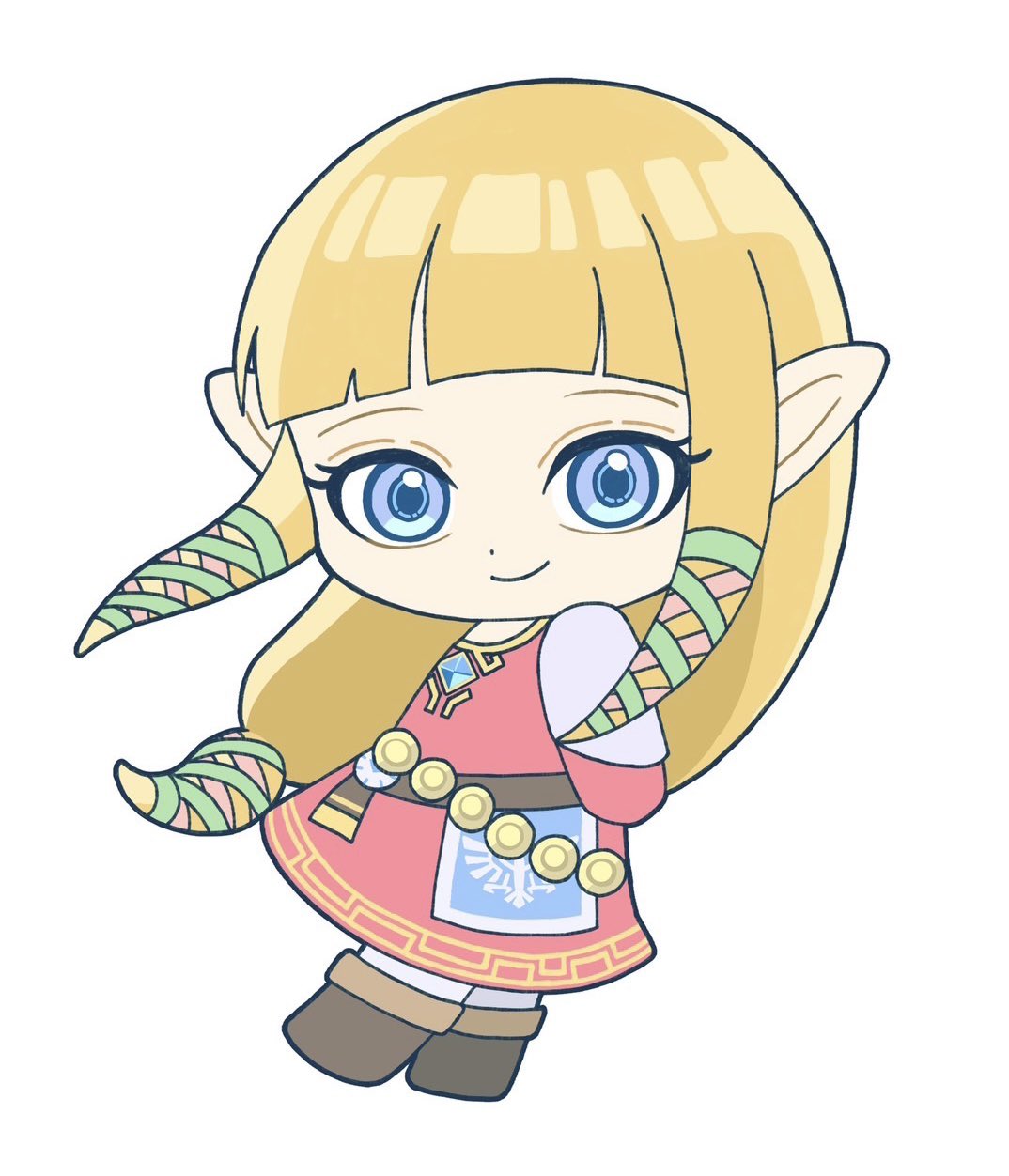 1girl blonde_hair blue_eyes chibi commentary_request dress full_body highres jimaku_726 looking_at_viewer pointy_ears princess_zelda simple_background smile solo the_legend_of_zelda the_legend_of_zelda:_skyward_sword