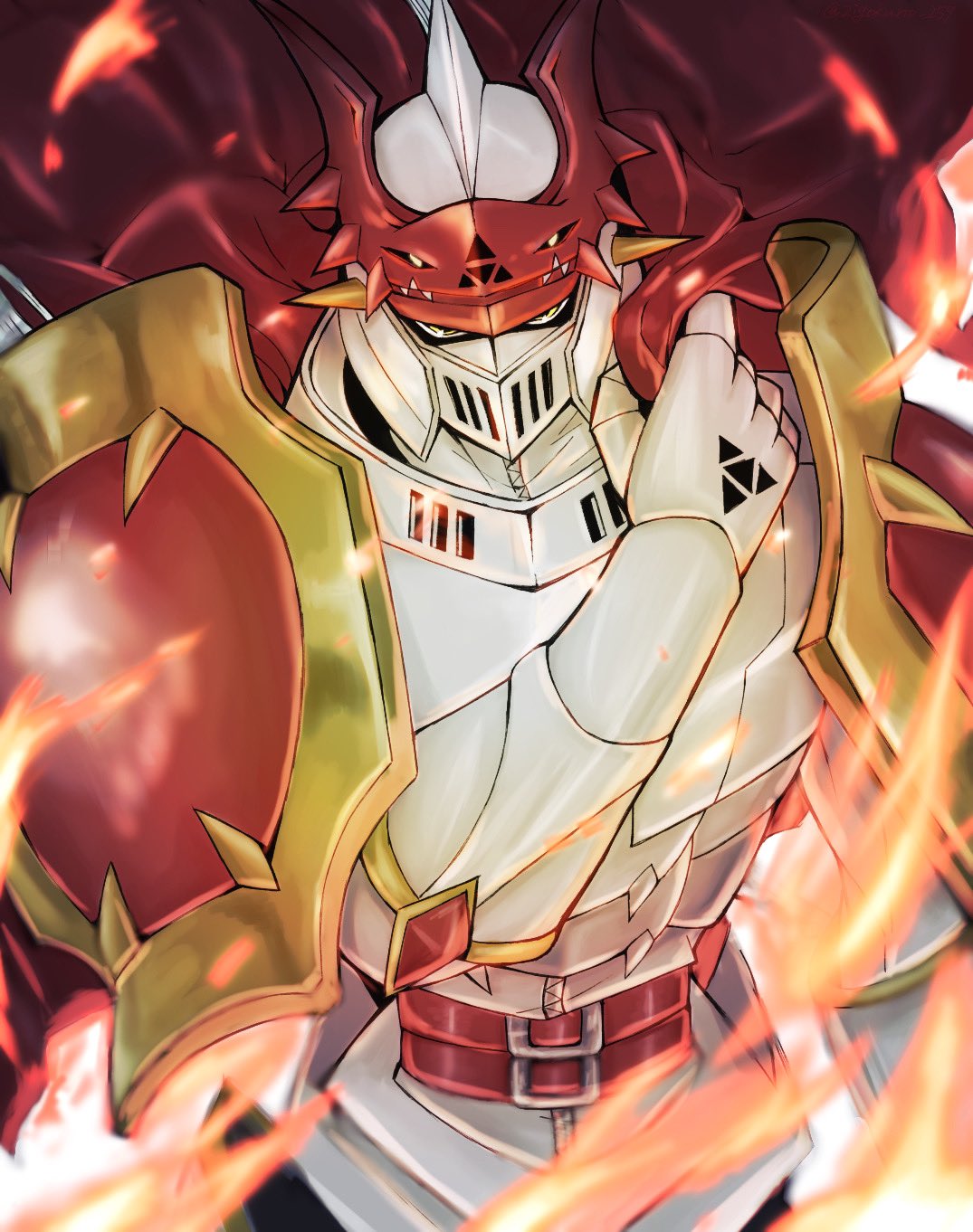 armor cape covering_face digimon digimon_(creature) dukemon extra_eyes fire glowing highres holding holding_cape holding_clothes knight long_hair red_cape shoulder_armor solo white_armor white_hair yellow_eyes zigokuno