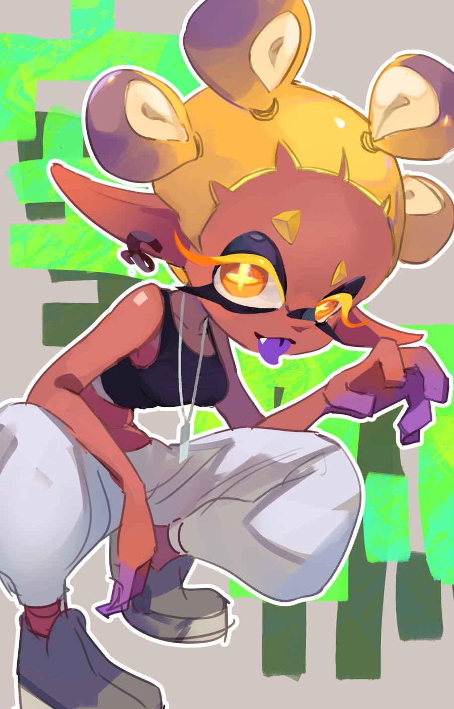 1girl baggy_pants colored_eyelashes commentary_request dark-skinned_female dark_skin frye_(splatoon) full_body highres inkling jewelry koike3582 long_pointy_ears necklace official_alternate_costume official_alternate_hairstyle orange_eyes pants pointy_ears short_hair solo splatoon_(series) splatoon_3 squatting star-shaped_pupils star_(symbol) symbol-shaped_pupils tentacle_hair thick_eyebrows tongue tongue_out white_pants yellow_pupils
