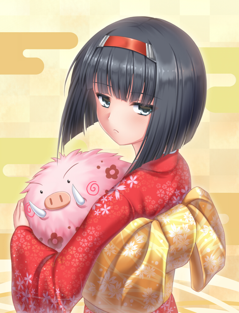 1girl animal black_hair blue_eyes blunt_bangs bob_cut egasumi frown holding holding_animal japanese_clothes kimono looking_at_viewer pig rance_(series) red_kimono solo tsuboyarou upper_body wide_sleeves yellow_background yuzuhara_yuzumi