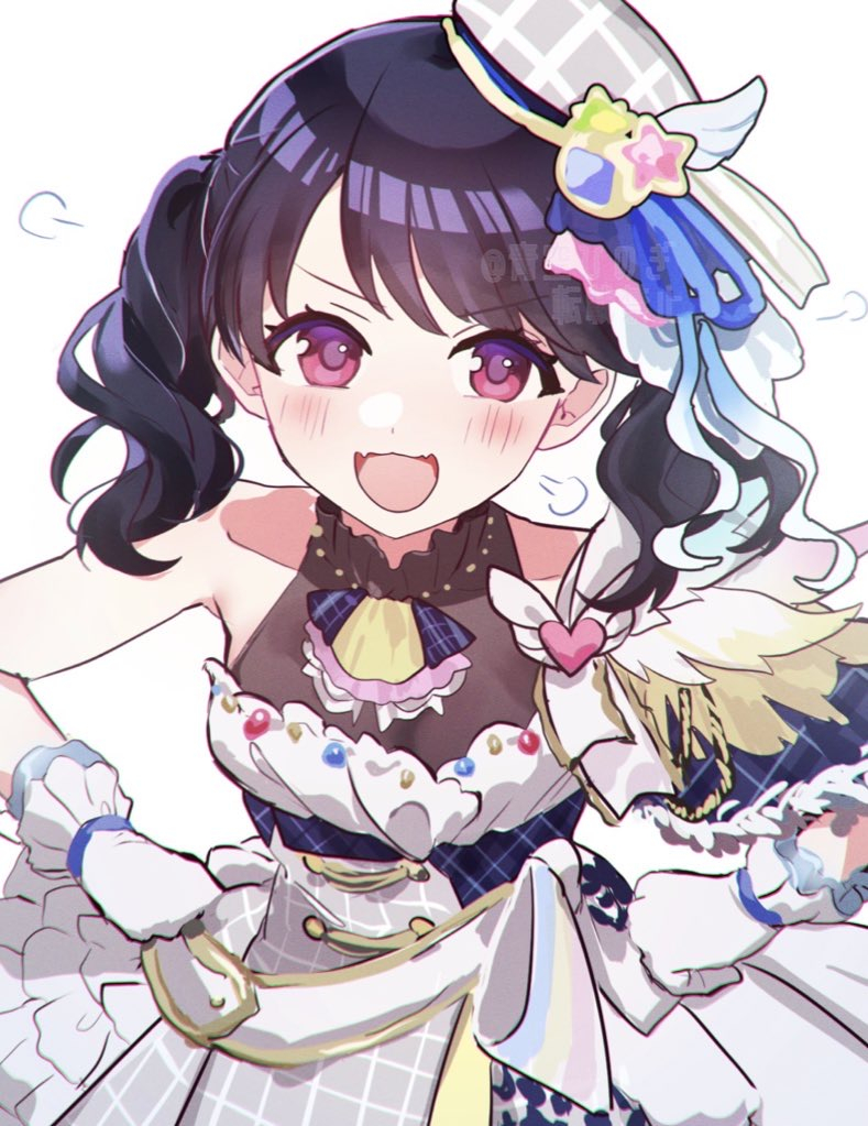 1girl aosoraa6 bare_shoulders beret black_hair commentary_request dress fangs fukumaru_koito gloves hair_ornament hat idolmaster idolmaster_shiny_colors looking_at_viewer mini_hat open_mouth purple_eyes skin_fangs solo twintails white_background white_dress white_gloves