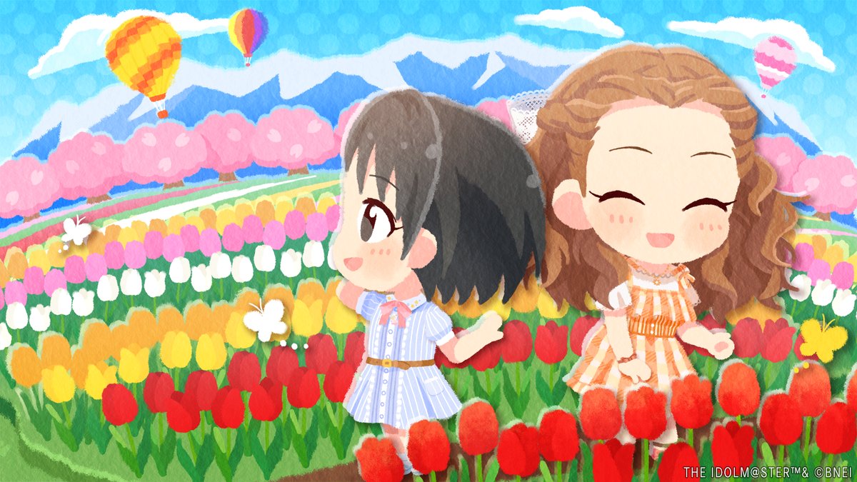 2girls aircraft black_eyes black_hair blush brown_hair bug butterfly chibi closed_eyes dress field flower flower_field forehead hot_air_balloon idolmaster idolmaster_cinderella_girls idolmaster_cinderella_girls_starlight_stage long_hair multiple_girls official_art open_mouth outdoors sasaki_chie seki_hiromi short_hair sky smile tulip wavy_hair