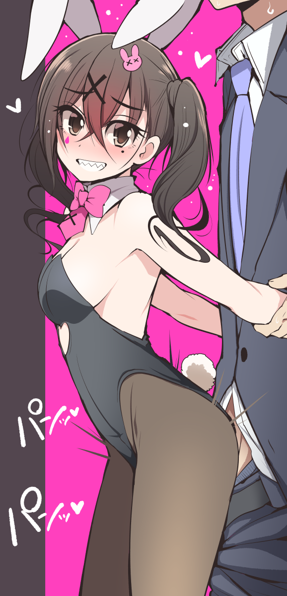 1boy 1girl against_wall animal_ear_hairband animal_ears black_hair black_leotard black_pantyhose blush breasts clothed_sex clothing_cutout covered_penetration detached_collar facepaint fake_animal_ears fake_tail gradient_hair grin hairband heart heart_cutout hetero highres holding_another's_arm idolmaster idolmaster_cinderella_girls leotard looking_at_viewer looking_to_the_side medium_breasts mole mole_under_eye multicolored_hair pantyhose pink_background playboy_bunny producer_(idolmaster) rabbit_ear_hairband rabbit_ears rabbit_hole_(vocaloid) rabbit_tail serebi_ryousangata sex smile standing standing_sex strapless strapless_leotard sunazuka_akira tail twintails