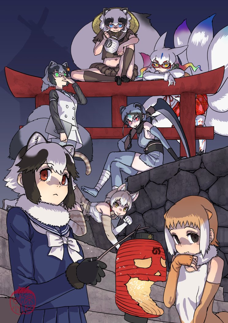 6+girls adjusting_eyewear animal_ears animal_print bandaid bandaid_on_face bandaid_on_nose bare_shoulders blue_eyes blue_skirt blue_sweater bow bowtie brown_eyes brown_fur brown_gloves brown_hair brown_shirt brown_skirt brown_socks cat_(kemono_friends) cat_ears cat_girl cat_print cat_tail collar collared_shirt danzaburou-danuki_(kemono_friends) elbow_gloves extra_ears fingerless_gloves fox_ears fox_girl fox_tail fur_collar fur_trim glasses gloves glowing glowing_eyes green_eyes grey_gloves grey_shirt grey_thighhighs hair_between_eyes hat high-waist_skirt inugami_gyoubu_(kemono_friends) japari_symbol kamaitachi_ears kamaji_(kemono_friends) kemono_friends kishida_shiki kyuubi_(kemono_friends) lantern leg_wrap light_brown_hair long_sleeves looking_at_viewer midriff_peek multicolored_hair multiple_girls multiple_tails navel neckerchief one-piece_swimsuit orange_eyes otter_ears otter_girl paper_lantern plaid plaid_skirt pleated_skirt print_gloves print_skirt raccoon_ears raccoon_girl rainbow_hair red_collar red_skirt rice_hat sailor_collar school_uniform scythe serafuku shirt short_sleeves sidelocks sitting skirt sleeveless smile socks sweater swimsuit tablet_pc tail thighhighs torii two-tone_hair vest white_bow white_bowtie white_fur white_gloves white_hair white_neckerchief white_one-piece_swimsuit white_shirt white_skirt white_vest yellow_eyes zettai_ryouiki