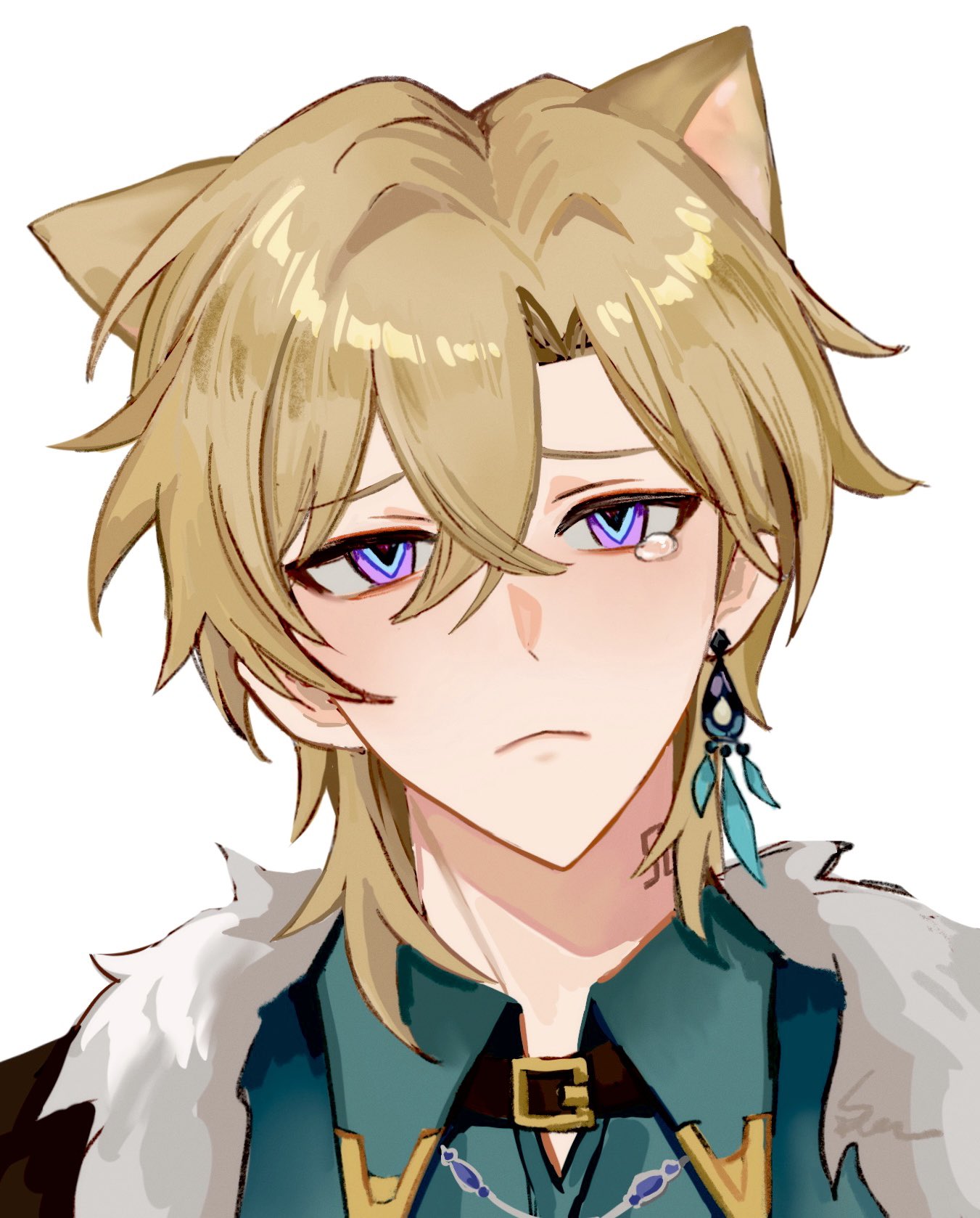 1boy :&lt; animal_ears aqua_shirt artist_name aventurine_(honkai:_star_rail) black_collar blonde_hair blue_eyes blush c_for_cola cat_ears closed_mouth collar collared_shirt commentary crossed_bangs earrings frown fur_trim hair_between_eyes highres honkai:_star_rail honkai_(series) jewelry looking_at_viewer male_focus multicolored_eyes neck_tattoo parted_bangs purple_eyes raised_eyebrows sad shirt short_hair signature simple_background single_earring solo symbol-only_commentary tattoo tearing_up upper_body white_background