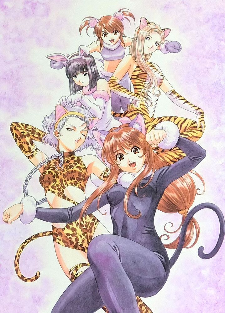 1990s_(style) animal_costume animal_ears animal_hands animal_print arm_behind_head armpits bare_shoulders black_bodysuit black_hair black_sleeves black_tail blonde_hair blue_eyes blunt_bangs bodysuit braid breasts brown_eyes brown_hair cat_costume cat_ears cat_tail chain closed_mouth coquelicot_(sakura_taisen) cowboy_shot crop_top elbow_gloves erica_fontaine everyone fake_animal_ears fake_tail fur_collar fur_trim gloves glycine_bleumer grey_gloves group_picture hand_on_own_hip hand_on_own_knee kitaooji_hanabi leopard_costume leopard_ears leopard_print leopard_tail leotard lobelia_carlini long_hair looking_at_viewer matsubara_hidenori medium_breasts mouse_costume mouse_ears multiple_girls official_art open_mouth parted_lips paw_pose pom_pom_(clothes) ponytail rabbit_costume rabbit_ears rabbit_pose retro_artstyle sakura_taisen sakura_taisen_iii short_hair simple_background sleeveless sleeveless_bodysuit smile straight_hair tail thighhighs tiger_costume tiger_ears tiger_print tiger_tail traditional_media twin_braids twintails wavy_hair white_bodysuit white_hair white_pom_poms