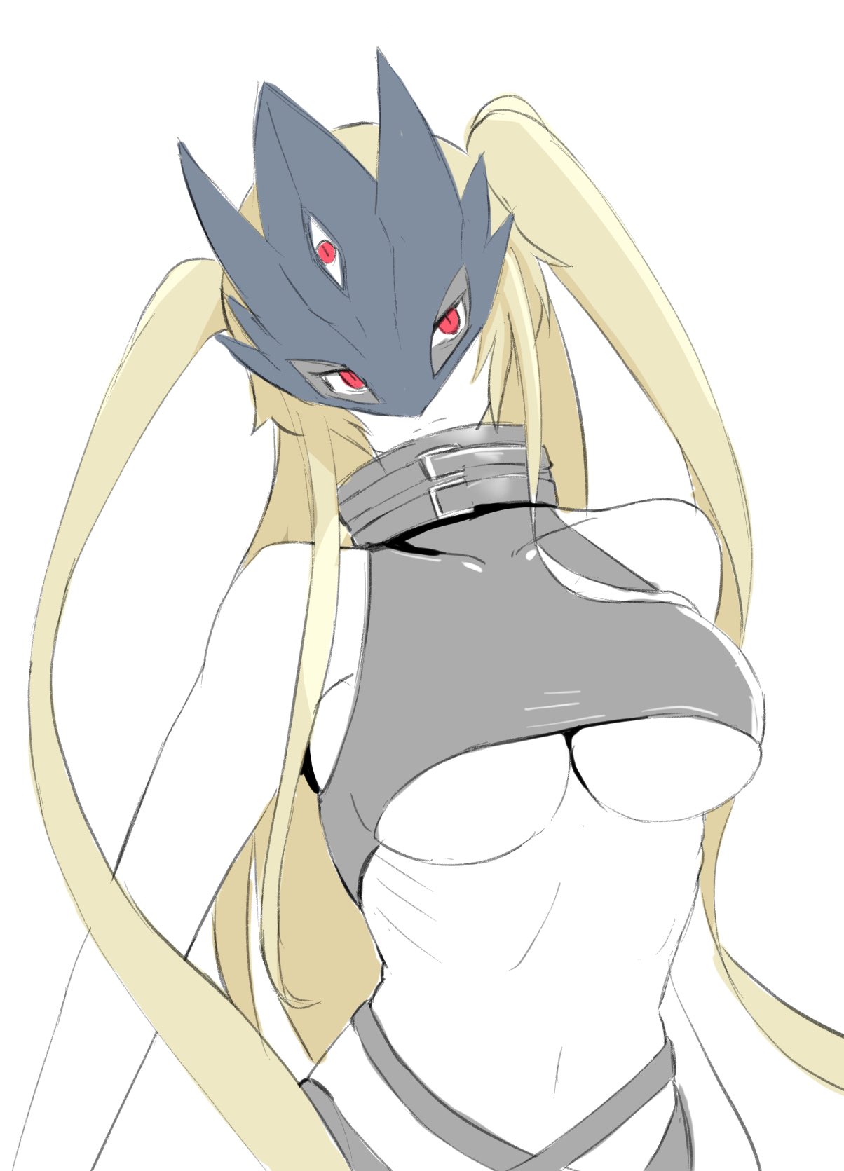 1girl alternate_hairstyle bakeneko38 bare_shoulders beelstarmon breasts commentary_request covered_collarbone crop_top digimon digimon_(creature) eye_mask highres large_breasts limited_palette long_hair looking_at_viewer navel red_eyes sidelocks simple_background solo stomach third_eye twintails underboob