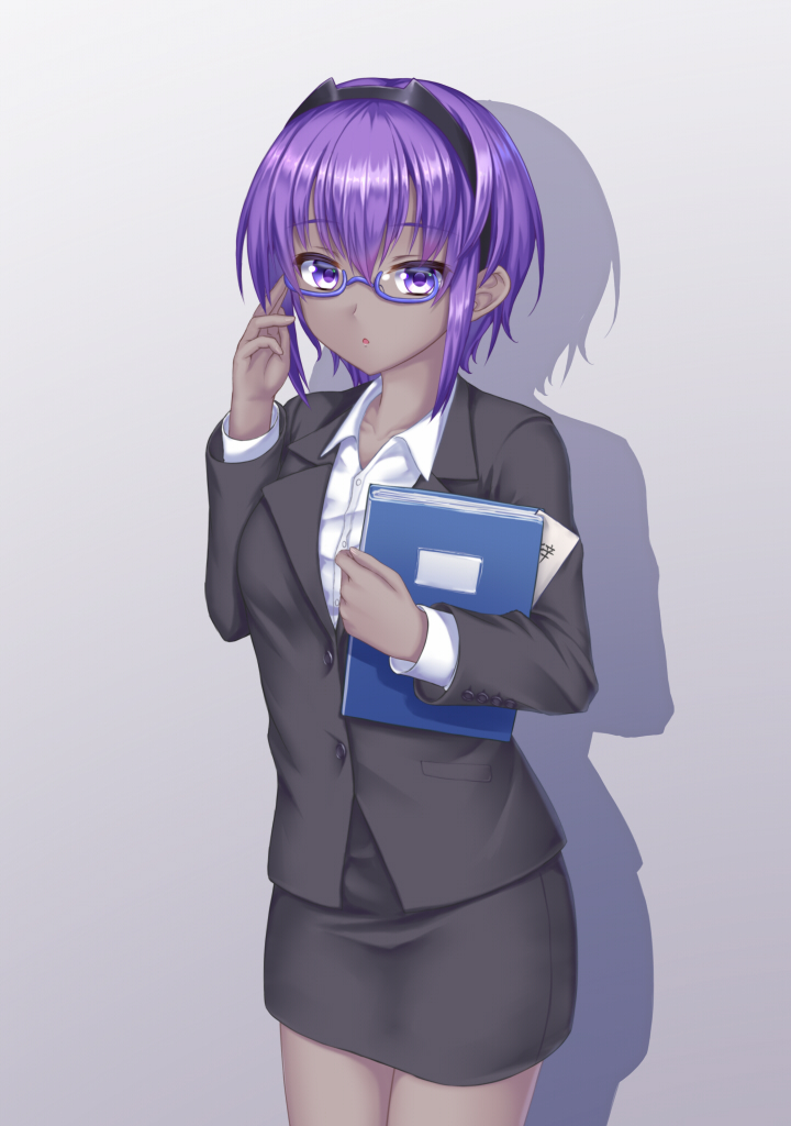 1girl adjusting_eyewear black_hairband black_suit blue-framed_eyewear book dark-skinned_female dark_skin fate/grand_order fate_(series) gradient_background grey_background hairband hand_up hassan_of_serenity_(fate) holding holding_book long_sleeves office_lady pencil_skirt purple_eyes purple_hair shadow short_hair sidelocks simple_background skirt solo standing suit tsuboyarou