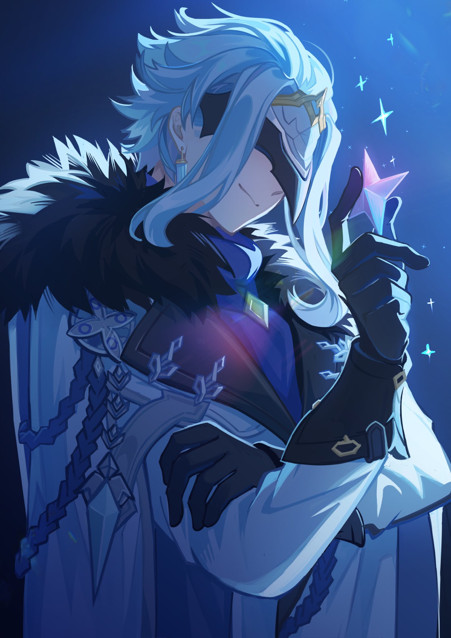 1boy aiguillette black_gloves blue_background blue_hair blue_scarf cancanbingo closed_mouth coat commentary_request dottore_(genshin_impact) earrings eye_mask fur-trimmed_coat fur_trim genshin_impact gloves hand_up highres holding jewelry lapels long_sleeves male_focus mask parted_bangs primogem scarf short_hair sidelocks simple_background sleeve_cuffs smile smirk solo sparkle white_coat
