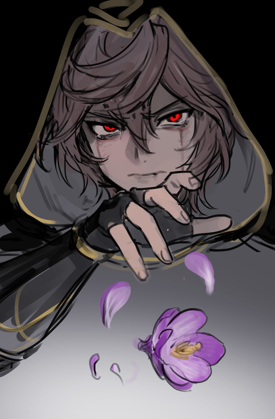 1boy ahoge angry black_background brown_hair commentary commentary_request cowboy_shot crying crying_with_eyes_open empty_eyes falling_petals flower gloves granblue_fantasy hair_between_eyes highres hood hood_up light_frown looking_at_viewer messy_hair multicolored_background outstretched_hand petals purple_flower purple_petals red_eyes runny_makeup sad sandalphon_(granblue_fantasy) short_hair sketch tears tki upper_body