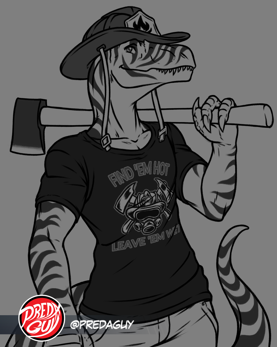 allosaurid allosaurus anthro anthrosaurs armor clothing dinosaur fangs fire_axe firefighter firefighter_helmet headgear helmet helmet_straps holding_object looking_away male markings muscular muscular_anthro muscular_male predaguy reptile scalie scu_gang shirt smile solo striped_body striped_markings striped_tail stripes t-shirt t-shirt_design tail tail_markings teeth theropod topwear