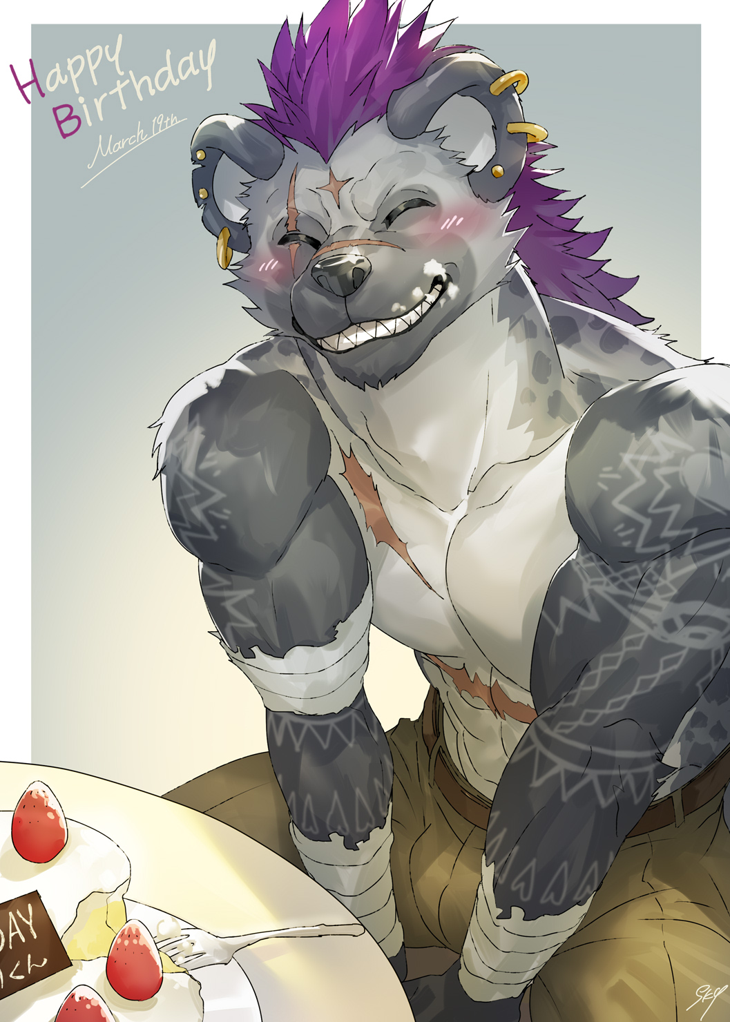 abs anthro birthday_cake black_body black_fur cake clothed clothing crave_saga dessert ear_piercing ear_ring food frosting fur grin hair hi_res hyena male mammal muscular muscular_anthro muscular_male pecs piercing purple_hair ring_piercing scar sky_(pixiv) smile solo tattoo topless yuriganos