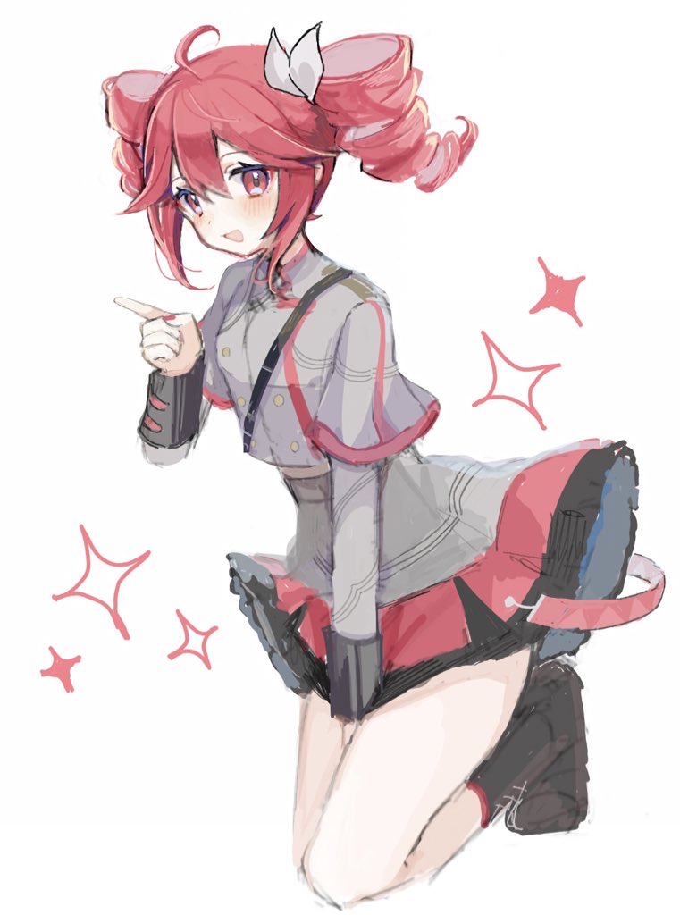 1girl ahoge black_footwear commentary drill_hair flat_chest grey_jacket grey_skirt hair_ribbon hand_up jacket kasane_teto kasane_teto_(sv) layered_sleeves long_sleeves mint_chocoooo open_mouth pink_trim red_eyes red_hair ribbon short_over_long_sleeves short_sleeves simple_background skirt sleeve_cuffs smile sparkle synthesizer_v twin_drills utau white_background white_ribbon