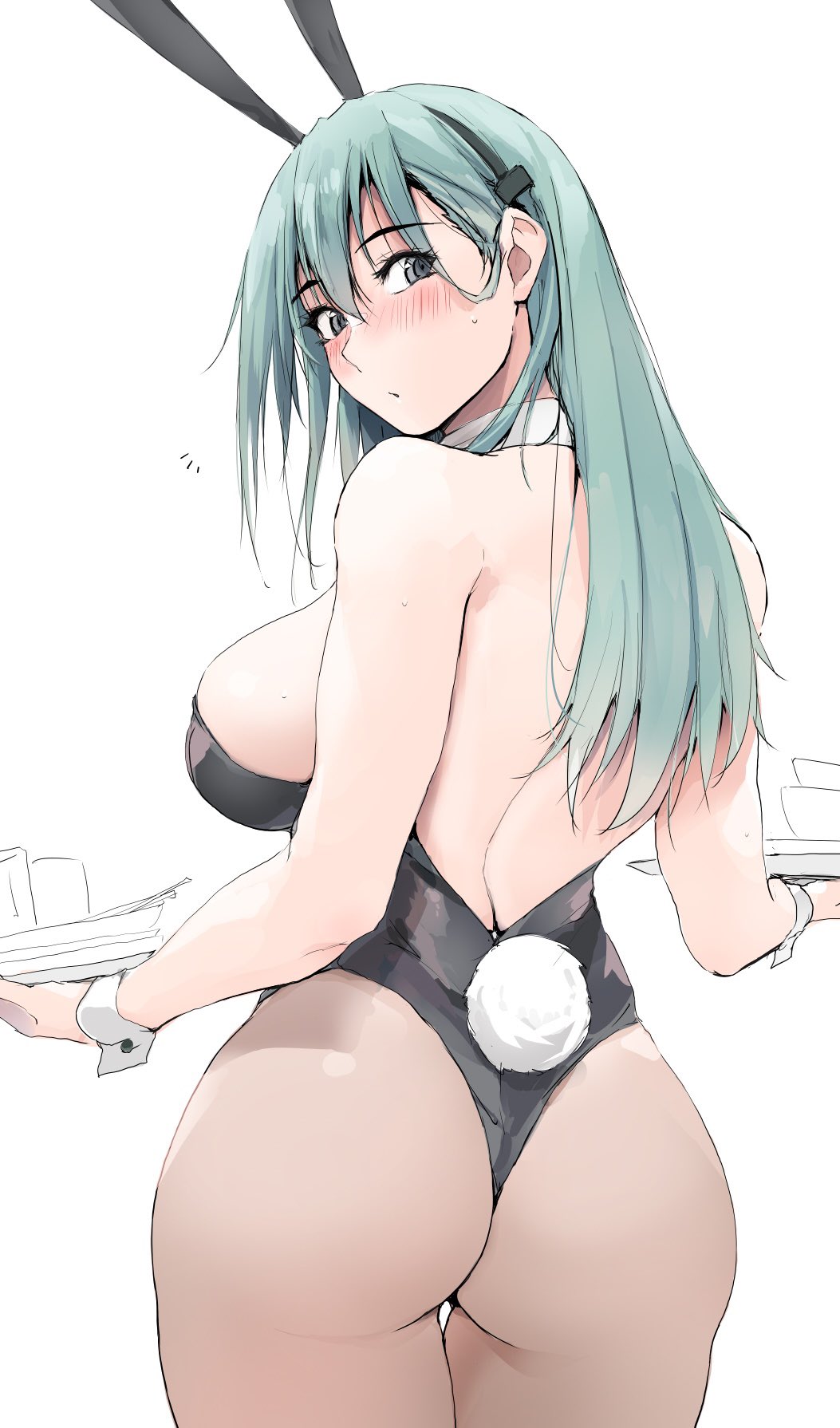 1girl animal_ears aqua_hair ass bare_back bare_shoulders black_leotard blush breasts detached_collar fake_animal_ears fake_tail hair_between_eyes highres holding holding_tray kantai_collection large_breasts leotard long_hair looking_at_viewer looking_back pantyhose playboy_bunny rabbit_ears solo strapless strapless_leotard suzuya_(kancolle) tail tray wrist_cuffs zekkyon