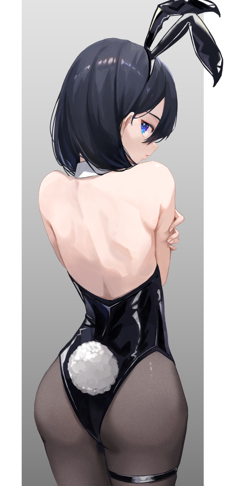 1girl animal_ears ass backless_dress backless_outfit black_hair black_leotard blue_eyes detached_collar dress fuji_sakura gradient_background grey_background highres leotard looking_at_viewer looking_back original pantyhose playboy_bunny rabbit_ears rabbit_tail short_hair solo tail