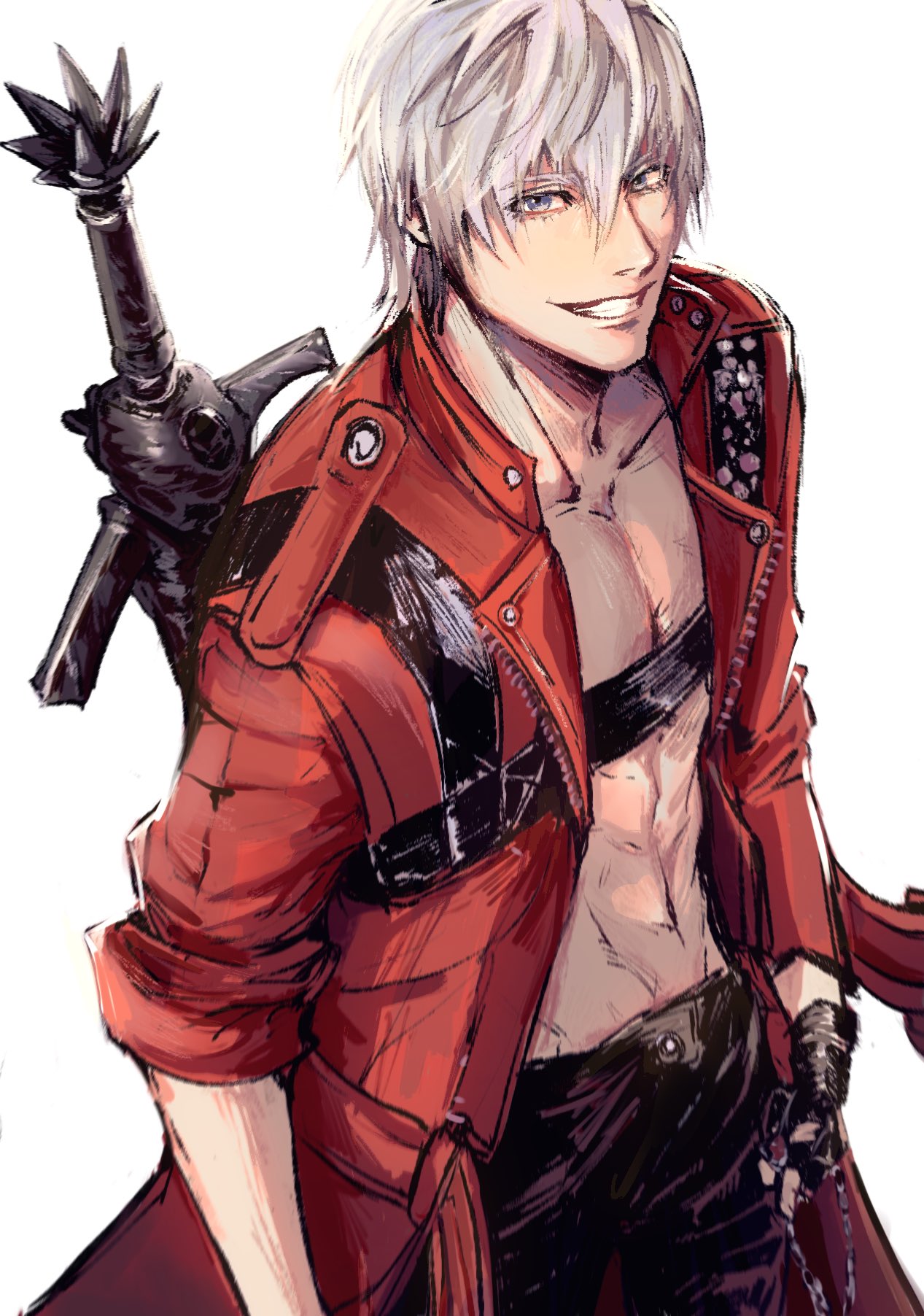 1boy belt_bra bishounen blue_eyes coat crrrrrrackgu dante_(devil_may_cry) devil_may_cry_(series) devil_may_cry_3 fingerless_gloves gloves grin hair_between_eyes highres holding looking_at_viewer male_focus muscular muscular_male rebellion_(sword) red_coat simple_background smile solo teeth weapon white_hair