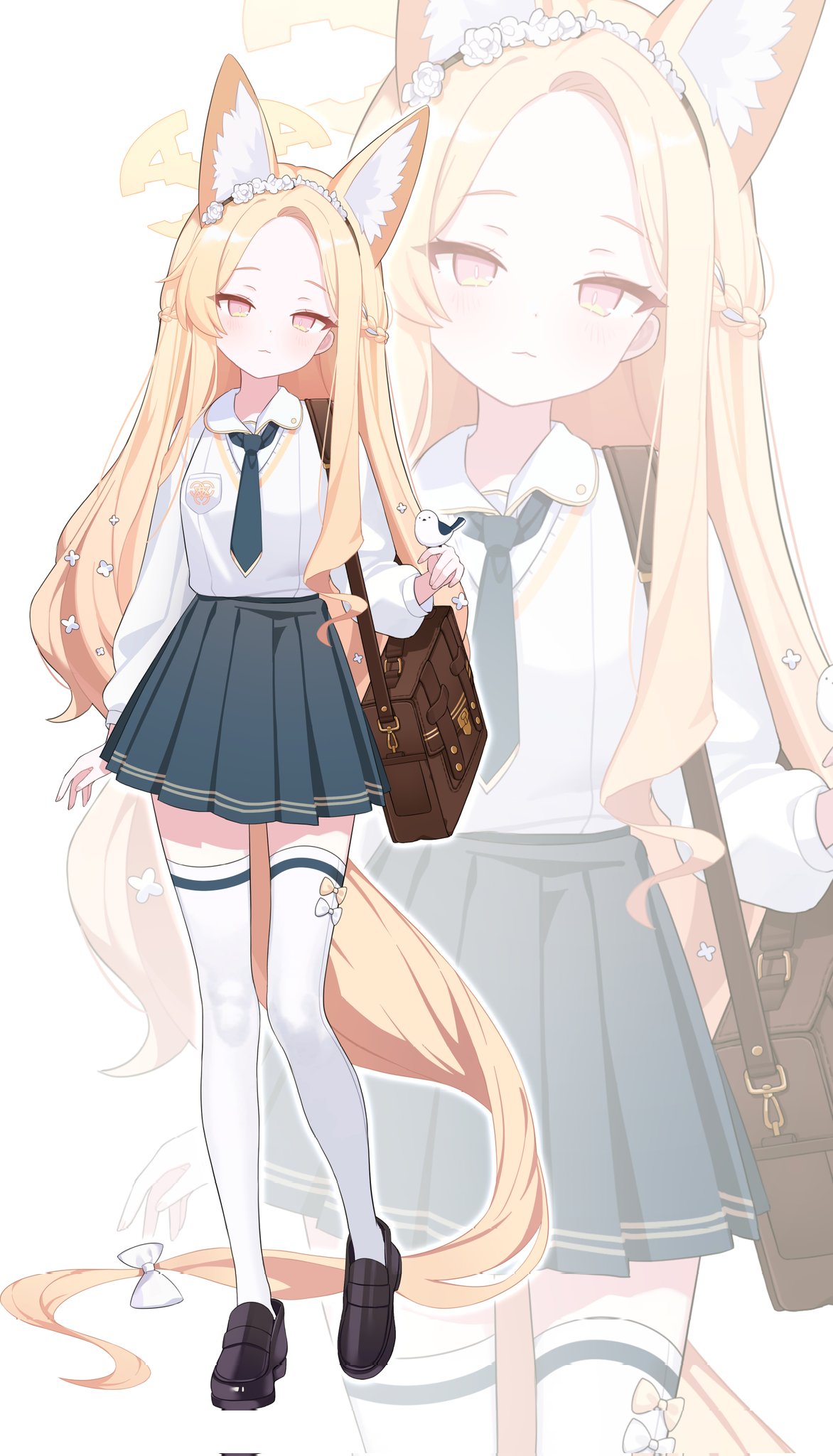 1girl alternate_costume animal_ears bag bird bird_on_hand black_footwear blonde_hair blue_archive bow bow_legwear brown_bag closed_mouth commentary fake_animal_ears flower fox_ears full_body hair_bow hair_flower hair_ornament halo highres kithera loafers long_hair long_sleeves looking_at_viewer necktie pink_eyes school_bag school_uniform seia_(blue_archive) shirt shoes shoulder_bag sidelocks skirt solo standing thighhighs very_long_hair white_bow white_shirt white_thighhighs zettai_ryouiki zoom_layer