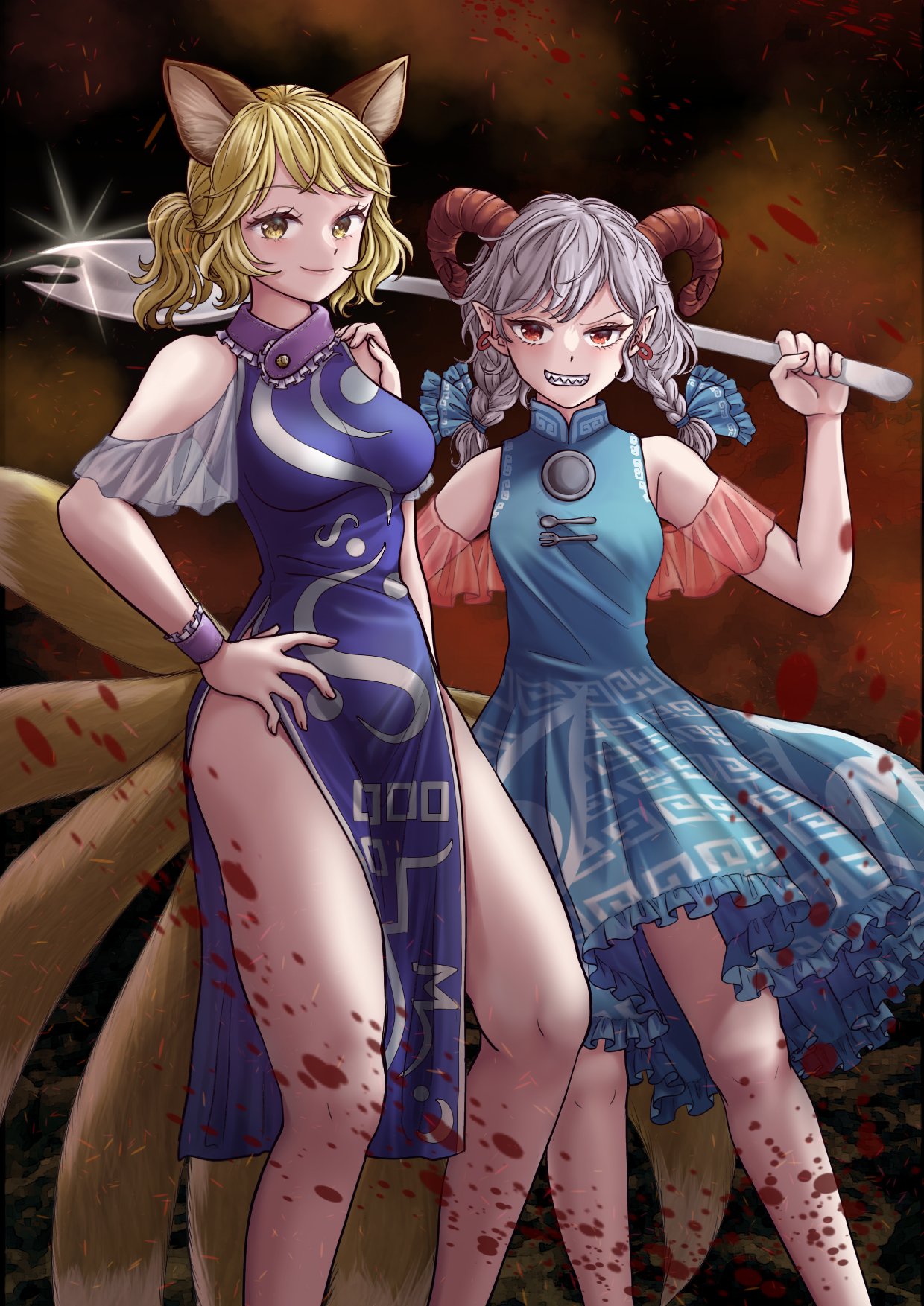 2girls alternate_costume animal_ears blonde_hair blood blood_spray blue_dress braid breasts commentary_request dress eye_print fox_tail frilled_dress frills grey_hair hand_on_another's_shoulder hand_on_own_hip height_difference highres holding_spork horns kyabekko looking_at_viewer medium_breasts medium_hair messy_hair multiple_girls multiple_tails patterned_clothing pointy_ears red_eyes red_horns sharp_teeth sheep_horns short_hair side_slit sleeveless sleeveless_dress smile tail teeth touhou toutetsu_yuuma twin_braids wrist_cuffs yakumo_ran yellow_eyes