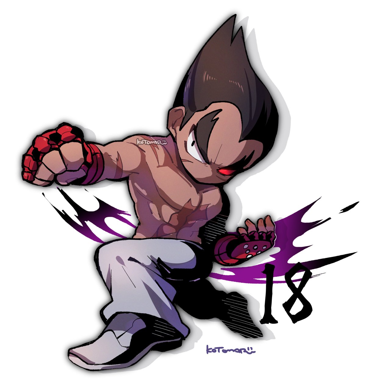 1boy black_hair drop_shadow full_body gloves grey_footwear grey_pants heterochromia highres kotorai male_focus mishima_kazuya muscular muscular_male no_mouth no_nose pants punching red_eyes red_gloves scar scar_on_arm scar_on_cheek scar_on_face short_hair solo studded_gloves tekken thick_eyebrows v-shaped_eyebrows white_background