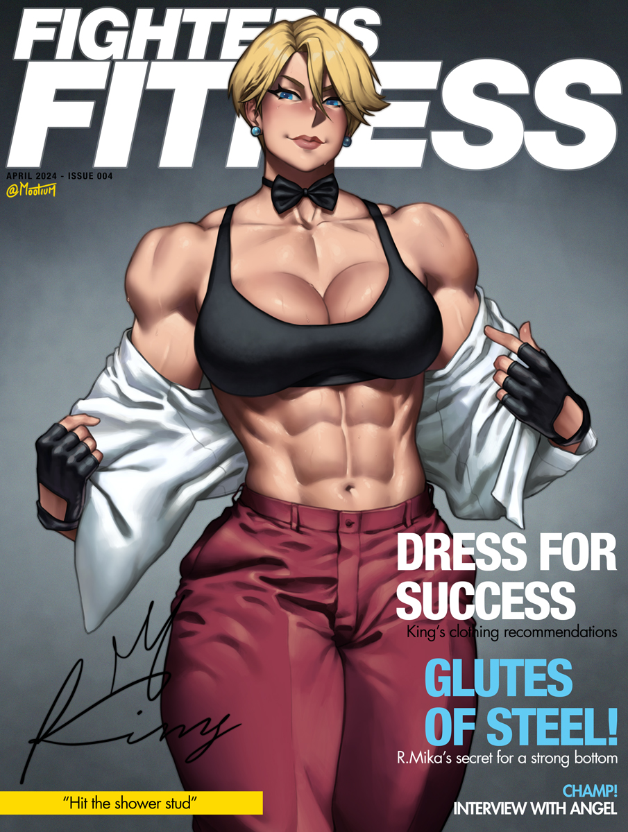2024 abs blonde_hair blue_eyes bow bowtie breasts cleavage cover earrings english_text fingerless_gloves gloves highres jewelry king_(snk) looking_at_viewer magazine_cover mootium muscular muscular_female pants shirt short_hair signature smile snk sweat tank_top the_king_of_fighters the_king_of_fighters_xv undressing veins veiny_arms white_shirt